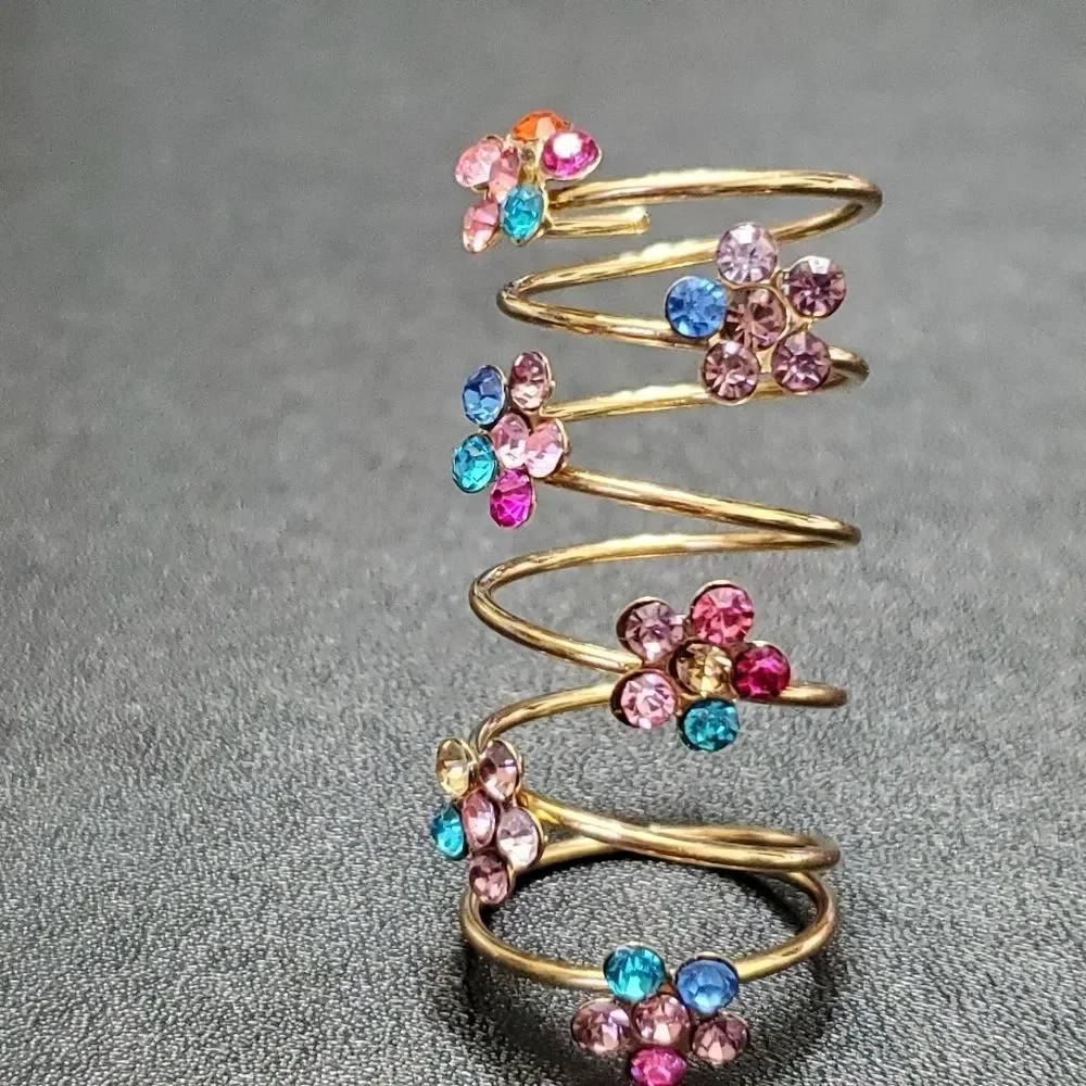 Gold tone spring-like flower ring blue pink